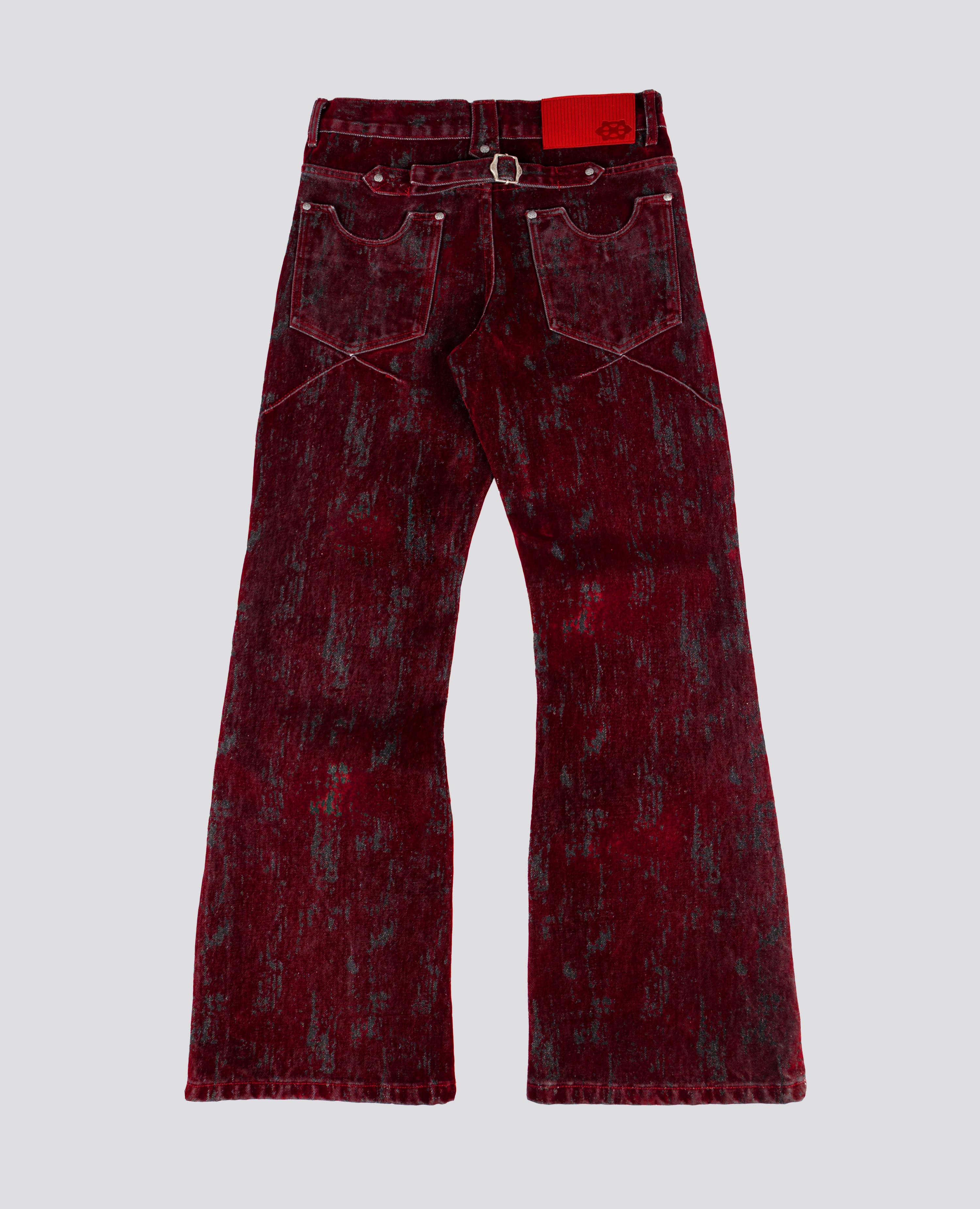 RED KNUCKLE BOOTCUT VELVET PANTS